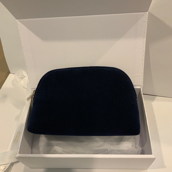 Dior Pouch Bag Cosmetic Case Purse Navy Velvet Logo Gold Zippers NEW - Picture 6 of 6